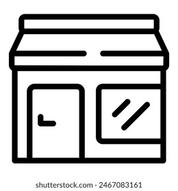 Simplified black line vector icon depicting a small store or shop facade with a clock and window