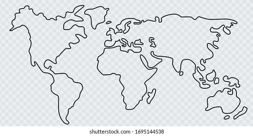 El esquema negro simplificado del mapa mundial está dividido en seis continentes. Esbozo gráfico en el mundo político, Asia, Europa, América y África. 