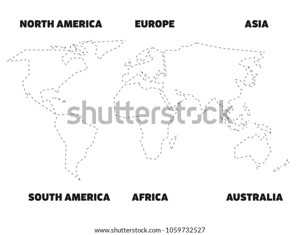 Simplified black outline of world map divided\
to six continents with labels. Simple flat vector illustration on\
white background.