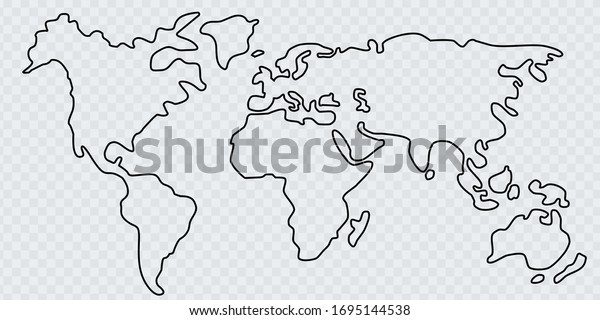 The\
simplified black outline of the world map is divided into six\
continents. Political world outline graphic sketch style, Asia,\
Europe, America and Africa vector background.\
