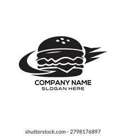 A simplified black vector burger shop logo showing a sleek burger with subtle flame accents trailing behind it, suggesting heat, speed, and flame-broiling, perfect for a fast-food grill, burger stand, or casual diner prioritizing fast service and quality cooked flavor in a clean and modern visual identity.