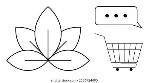 Simplified black and white design with a lotus flower, speech bubble, and shopping cart outline. Ideal for wellness, communication, e-commerce, nature, and online shopping themes. Minimalistic style