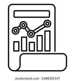 Simplified black and white icon of a document with a bar chart and trends on the front