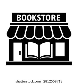 A simplified black and white icon representing a bookstore with an awning and an open book