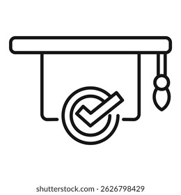 Simplified black and white illustration of a graduation cap with a check mark, representing academic success