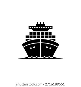 Una ilustración simplificada en blanco y negro de un Grande barco de carga en el mar