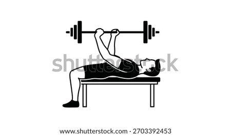 A simplified black and white illustration of a man performing a bench press exercise with a barbell on a weight bench, demonstrating strength training.