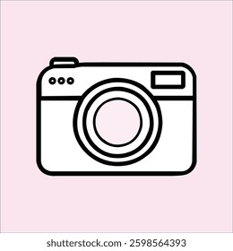 Simplified Black and White Line Art Illustration of a Camera with Lens, Body, and Flash, Presented in a Flat, Minimalist Style on a Light Pink Background.


