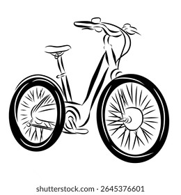 
A simplified black and white line art illustration of a bicycle, featuring distinct wheels with spoke details. The drawing captures the essential form of a bicycle with clean, expressive strokes.