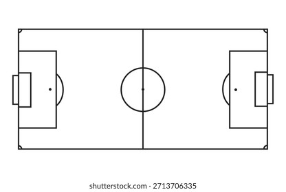 Una Ilustración vectorial simplificada en blanco y negro de un diagrama de diseño de campo de fútbol o fútbol, visto desde arriba. Este arte de líneas limpias incluye todas las marcas estándar.