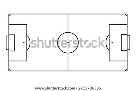 A simplified, black and white vector illustration of an empty soccer or football field layout diagram, viewed from above. This clean line art includes all standard markings.