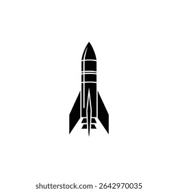 A simplified black and white vector image depicts a rocket with a pointed nose and vertical horizontal stripes for detail. It has two fins, symmetrically placed.