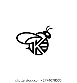 Simplified black-and-white line drawing of a bee with striped abdomen, wings, antennae