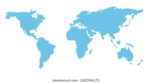 A simplified blue world map vector illustration with clear outlines of continents on a plain background