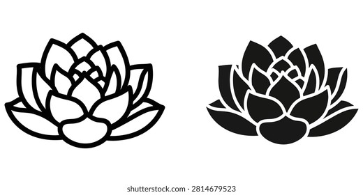 Simplified botanical a lotus bloom presented as both an outline and a filled shape. Ideal for wellness spa or meditation branding.