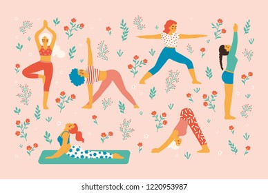 Simplified bright illustration of different women in easy yoga poses, trendy hand drawn style in pastel colors. Isolated vector elements, great for concept & editorial design, pattern making etc.