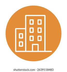 Simplified building icon within orange circle. Icon symbol illustration