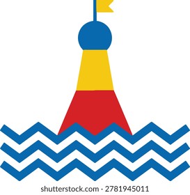 A simplified of a buoy with red, yellow, and blue sections, topped by a yellow flag, floating on blue wavy water lines against a white background.