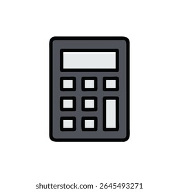 Ícone de calculadora simplificado em tons de cinza contra um fundo branco. Design plano com formas geométricas e cantos arredondados.