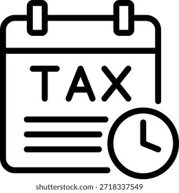 Icono de calendario simplificado con un reloj y la etiqueta 'TAX' para recordatorios de fecha límite de impuestos.