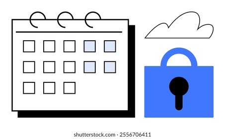 A simplified calendar and lock symbol next to a cloud outline. Ideal for scheduling privacy security cloud management and online calendars. Modern vector style features minimalist design in white