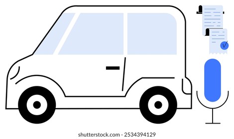 Vereinfachtes Auto mit Dokumenten und Mikrofon, ideal für Sprachsteuerung, intelligentes Transportieren, autonomes Fahren, technologische Innovation und Dokumentenmanagement. Moderner minimalistischer Stil