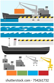 Simplified cargo ship. Element for infographics. Side view. Flat vector.
