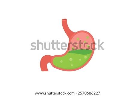 A simplified cartoon illustration depicts a human stomach partially filled with green liquid possibly indicating indigestion.