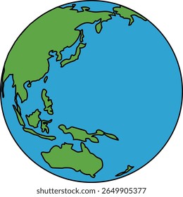 A simplified cartoon illustration of the Earth globe, prominently featuring Asia and Australia surrounded by blue oceans.