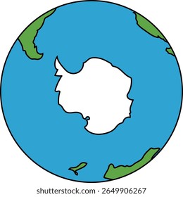 Uma ilustração simplificada do globo terrestre, destacando a Antártica no Polo Sul.