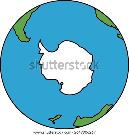 A simplified cartoon illustration of the Earth globe, prominently featuring Antarctica at the South Pole.