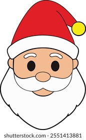 A simplified cartoon illustration of Santa Claus face. Features a red hat, white beard, and large, friendly eyes. Simple, cheerful design.