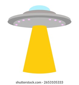 Uma ilustração simplificada de desenho animado de um OVNI pairando acima, emitindo um feixe de luz amarelo brilhante, definido contra um fundo branco limpo para facilitar a integração em projetos.
