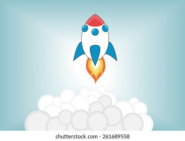 Simplified cartoon rocket launching up into the sky with smoke and fire in front of blurred blue background.