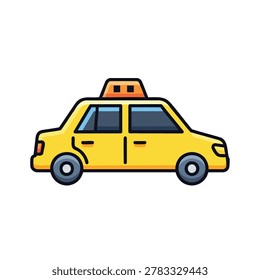 A simplified cartoon style graphic of a yellow taxicab showing side profile with wheels and rooftop light