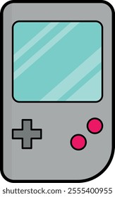 Simplified, cartoon-like handheld gaming console with a large screen at the top, a directional pad on the left, and two circular red buttons on the right, ideal for nostalgic and playful designs.