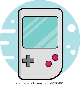 A simplified, cartoon-like illustration of a handheld gaming console. Below the screen, there is a directional pad. a nostalgic piece of gaming history, reminiscent of early portable gaming devices.