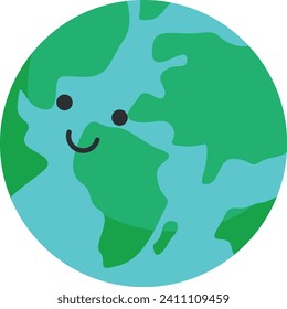 Simplified, cartoon-style illustration of Earth with green continents and blue oceans, featuring a smiling face superimposed on the planet.