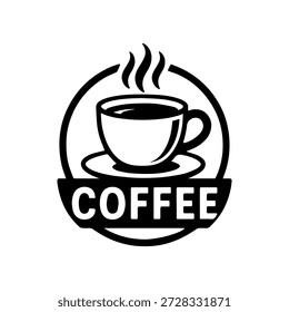 A simplified circular logo design showing a white steaming cup silhouette within a thick black frame and curved "COFFEE" lettering.