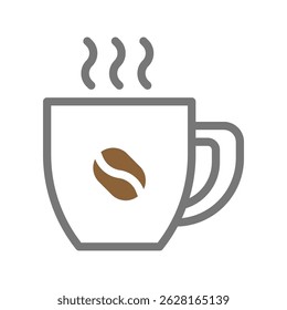 Ícone de xícara de café simplificada com aumento de vapor e acento de feijão de café