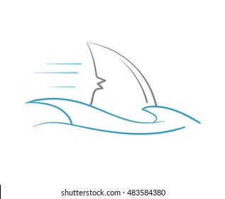 simplified colored representation of shark's fin among ocean waves, pinstriping stylized