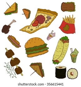 Simplified colored set of different kinds of fast or specific food of different national cuisines. Food or textile industry. Magazine element. Children book illustration.