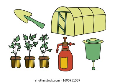 Simplified colored vector set illustration of a greenhous, seedlings, spray bottle, washbasin and small shovel on a white background.