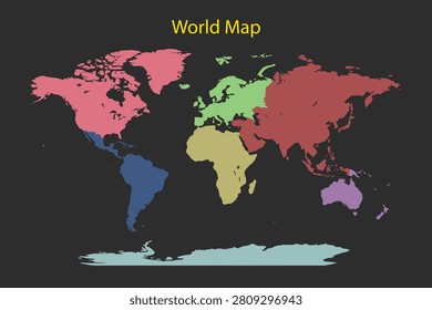 Simplified colorful earth projection displaying major geographical areas including australia and america in flat design.