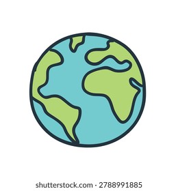 A simplified colorful graphic icon representing the Earth with stylized landmasses and water on a white background