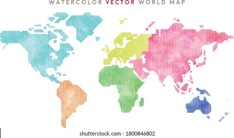 Simplified Colorful Hand Drawn Watercolor Vector World Map: Striped