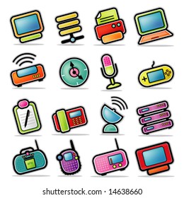 Simplified, colorful Icon set representing various electronic devices.