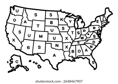 A simplified, colorful map of the United States illustration on a clean white background, perfect for educational or patriotic themes. Features bold outlines and vibrant colors.