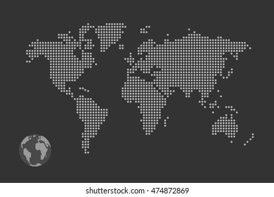 Simplified Computer Generated World Map In Black And White Dots, Vector Eps 10.