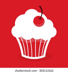 Simplified cupcake with cherry graphic - white on red